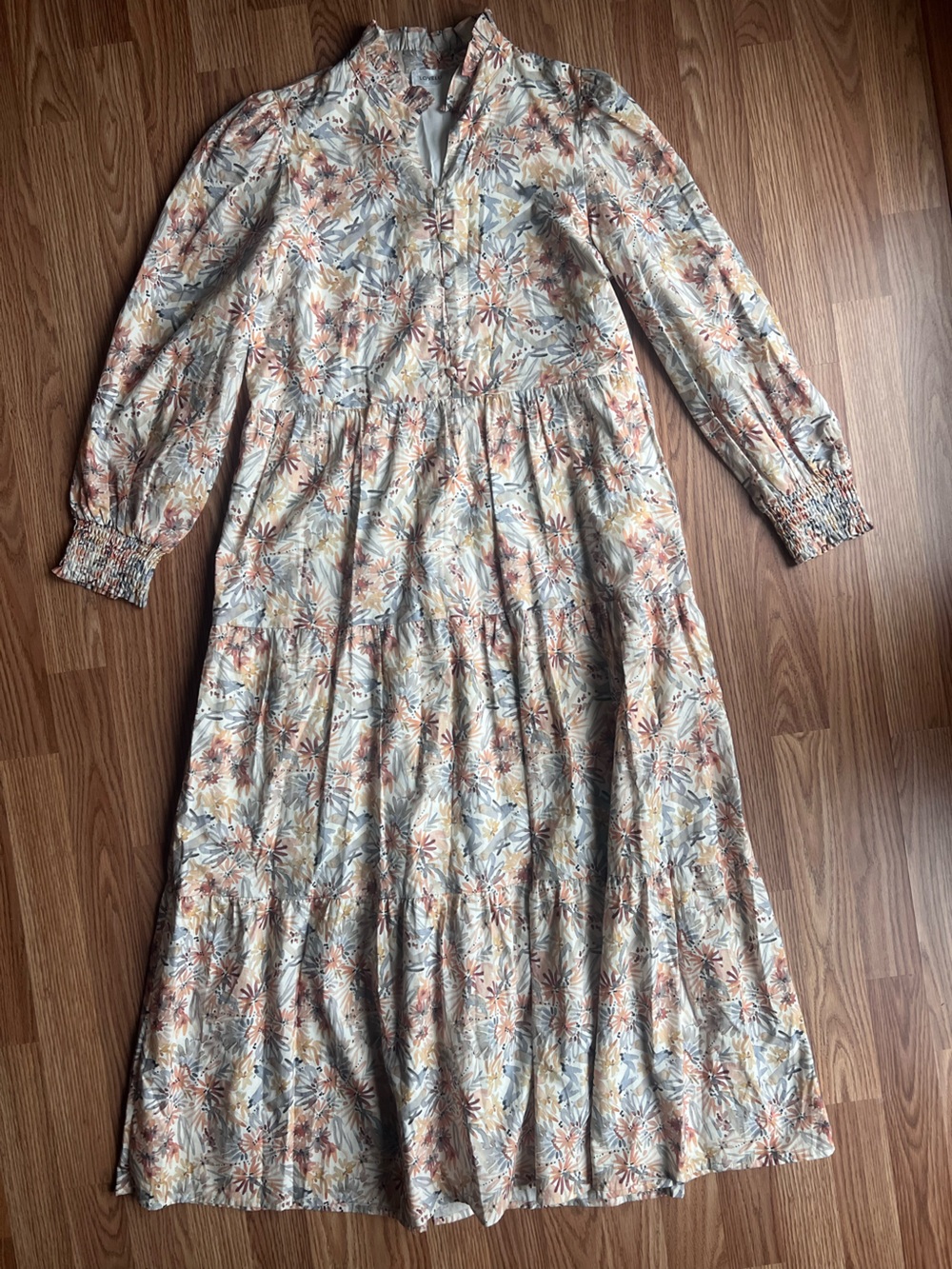 Floral Long Sleeve Maxi Dress in Cream and Pastel Fall Tones - Medium